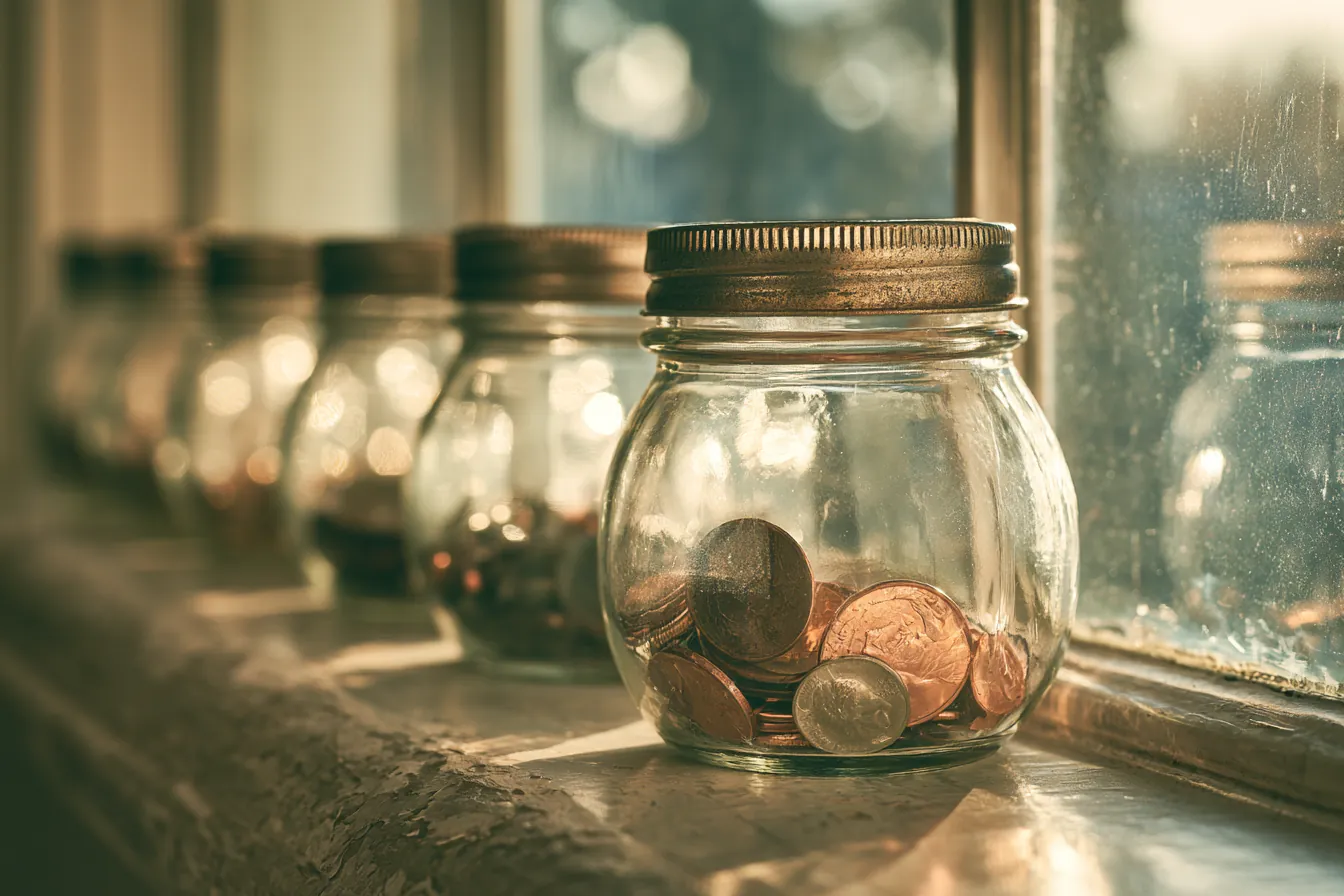 Row of glass savings jars on a windowsill for installment payments