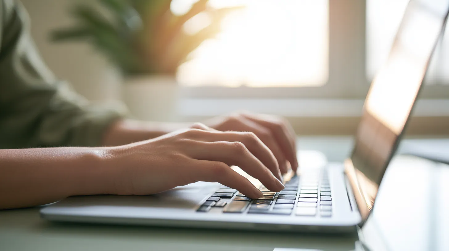 American hands typing a personal loan application on a laptop at a bright desk