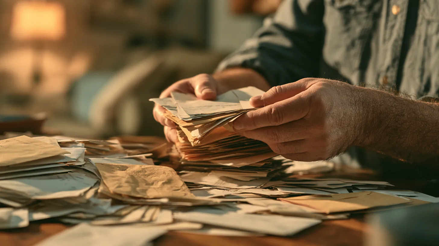 Man consolidating many bill envelopes into one stack