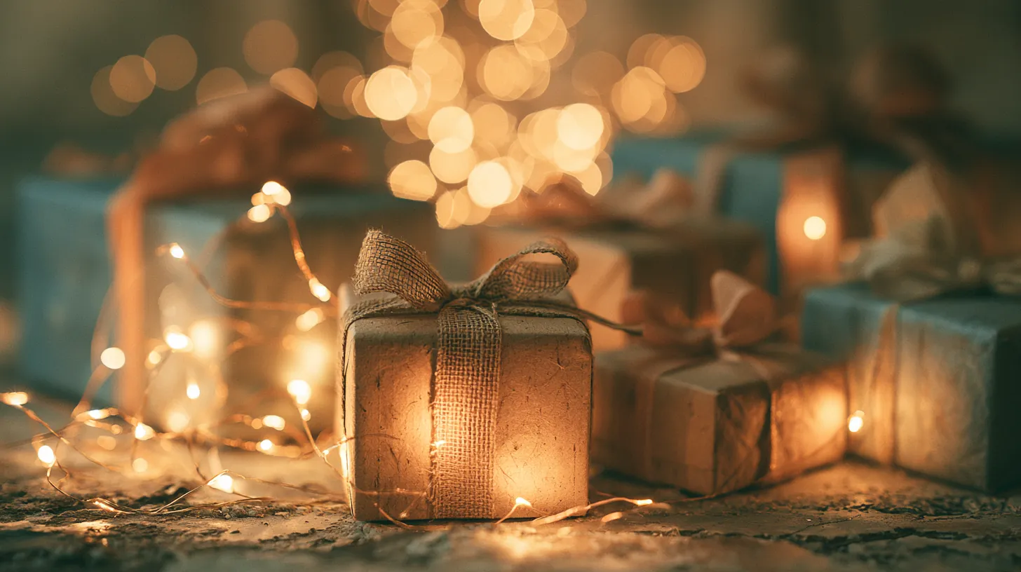 Wrapped holiday gifts under warm string lights