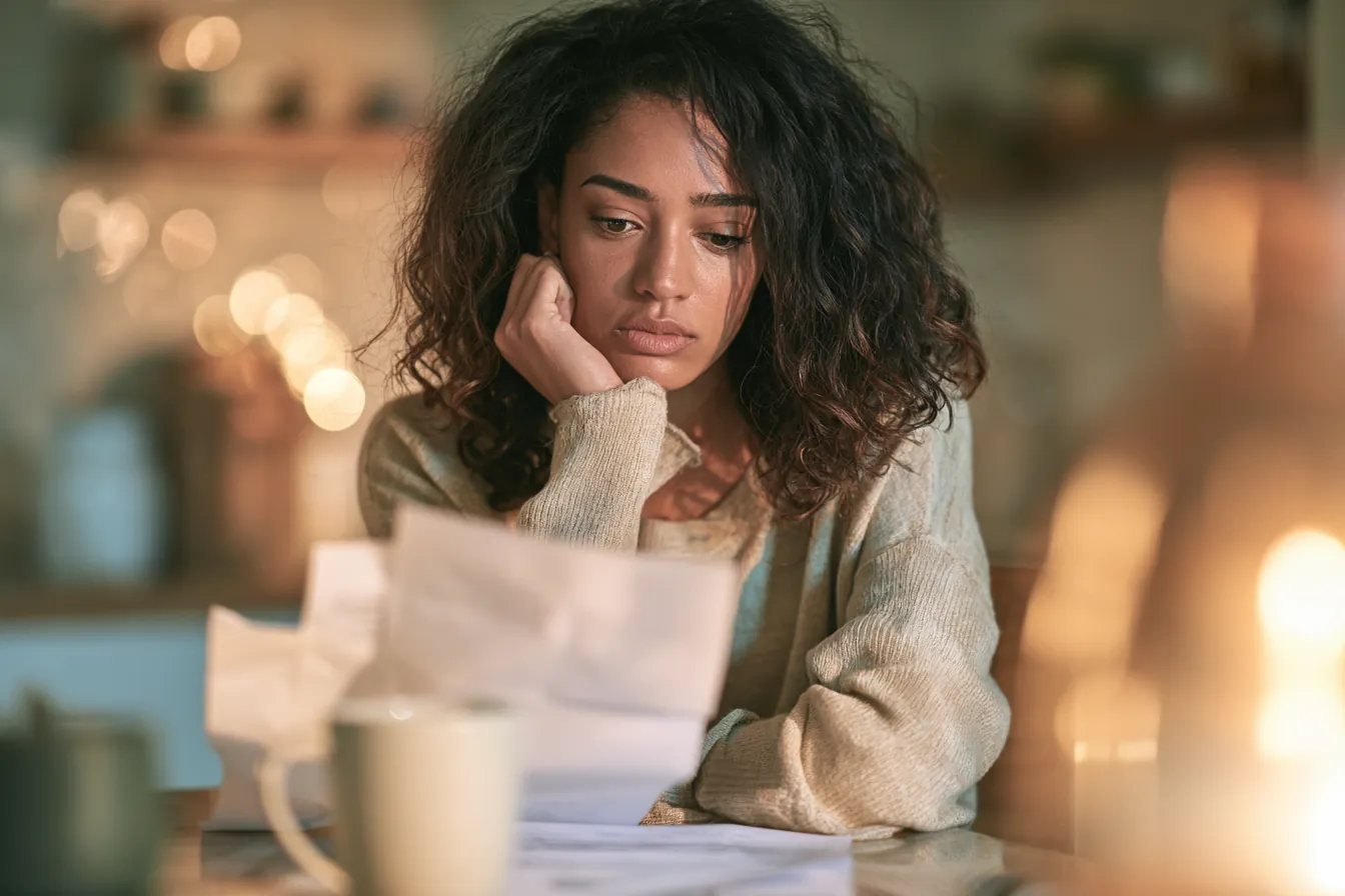 Woman reviewing personal loan paperwork at a kitchen table