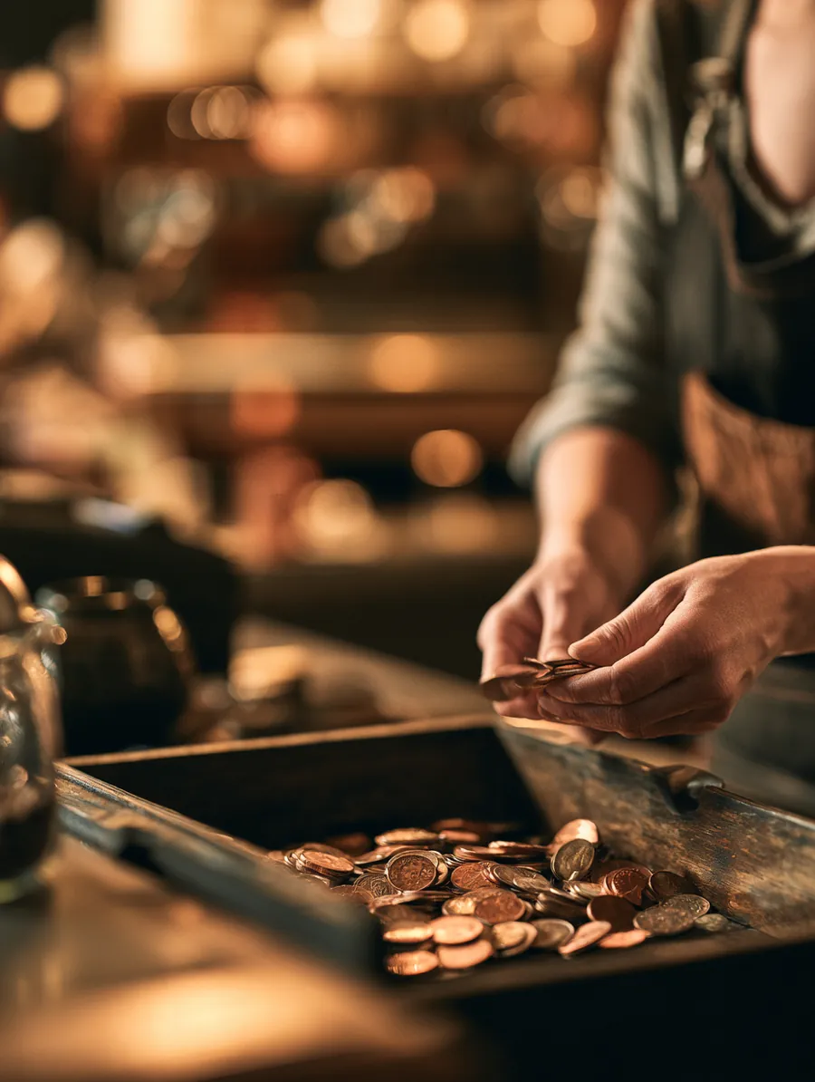 American barista counting change at a register, budgeting between paychecks
