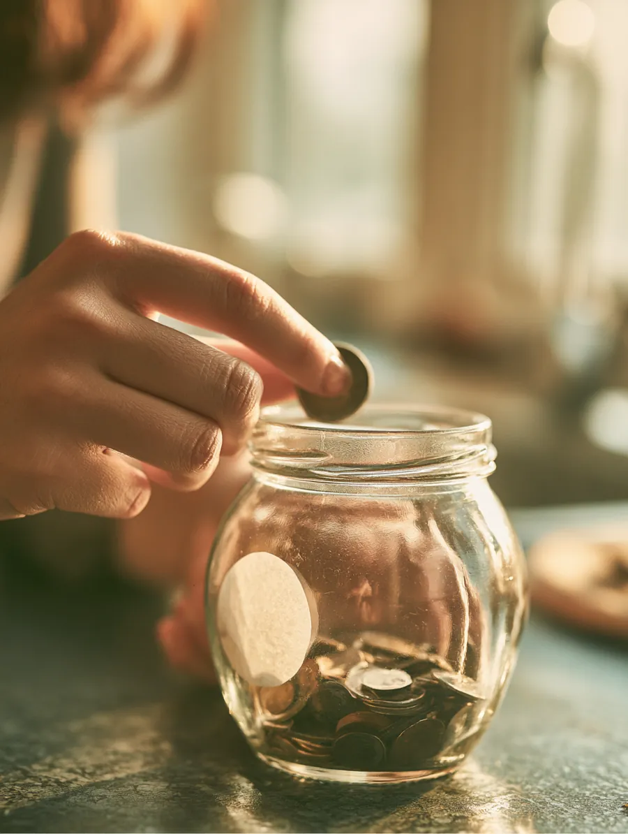 Hand dropping a coin into a clear savings jar in a bright kitchen