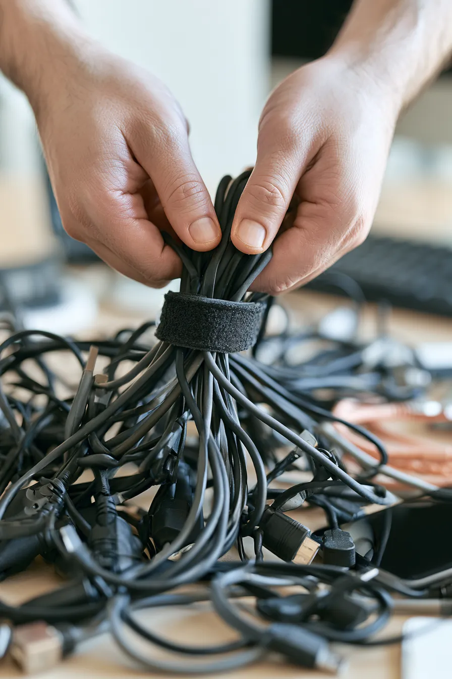 Tangled charging cables being bundled into one neat loop, like consolidating debts