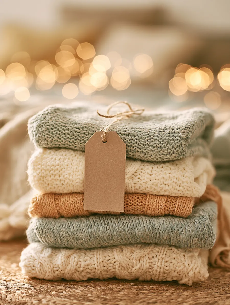 Folded winter sweaters with a gift tag, part of a holiday budget