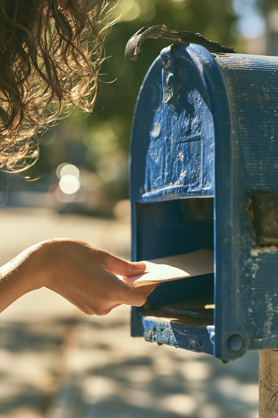 Woman sending a letter through a classic blue mailbox, submitting a personal loan request