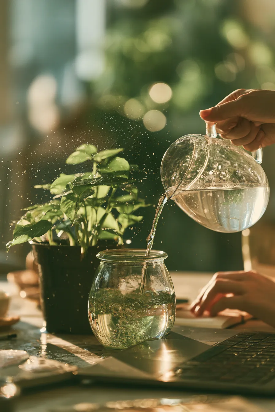 Woman watering a desk plant beside her laptop, steady financial growth